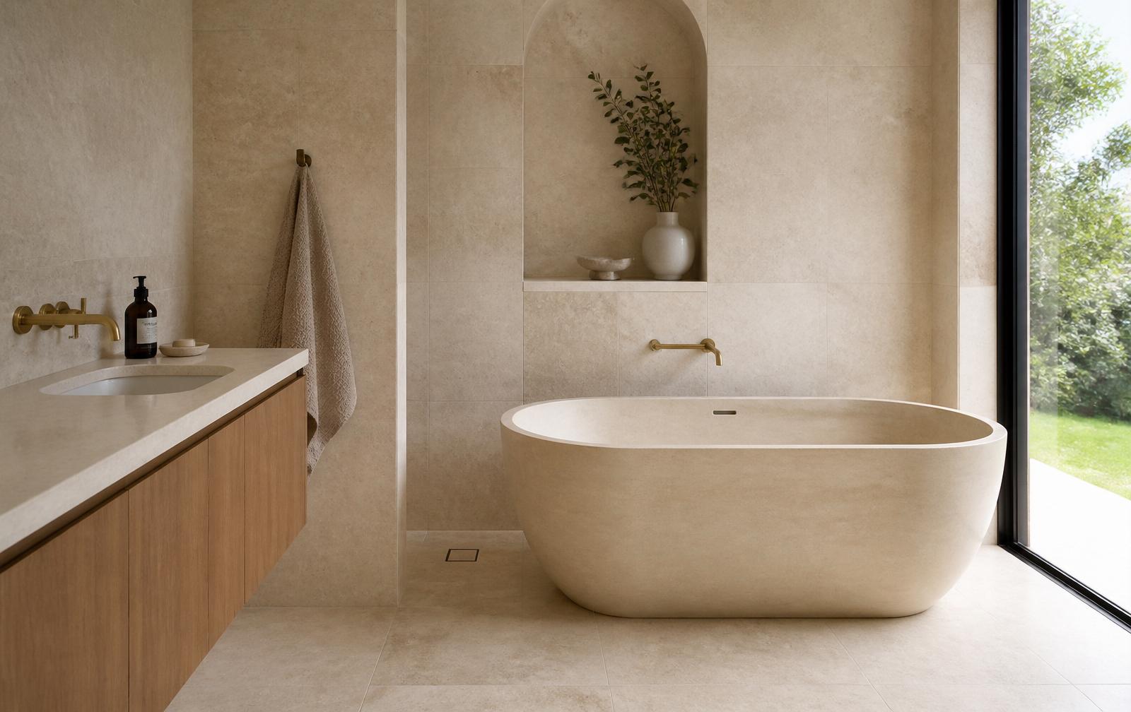 Warm travertine bathroom concept with freestanding stone bath and brushed brass tapware