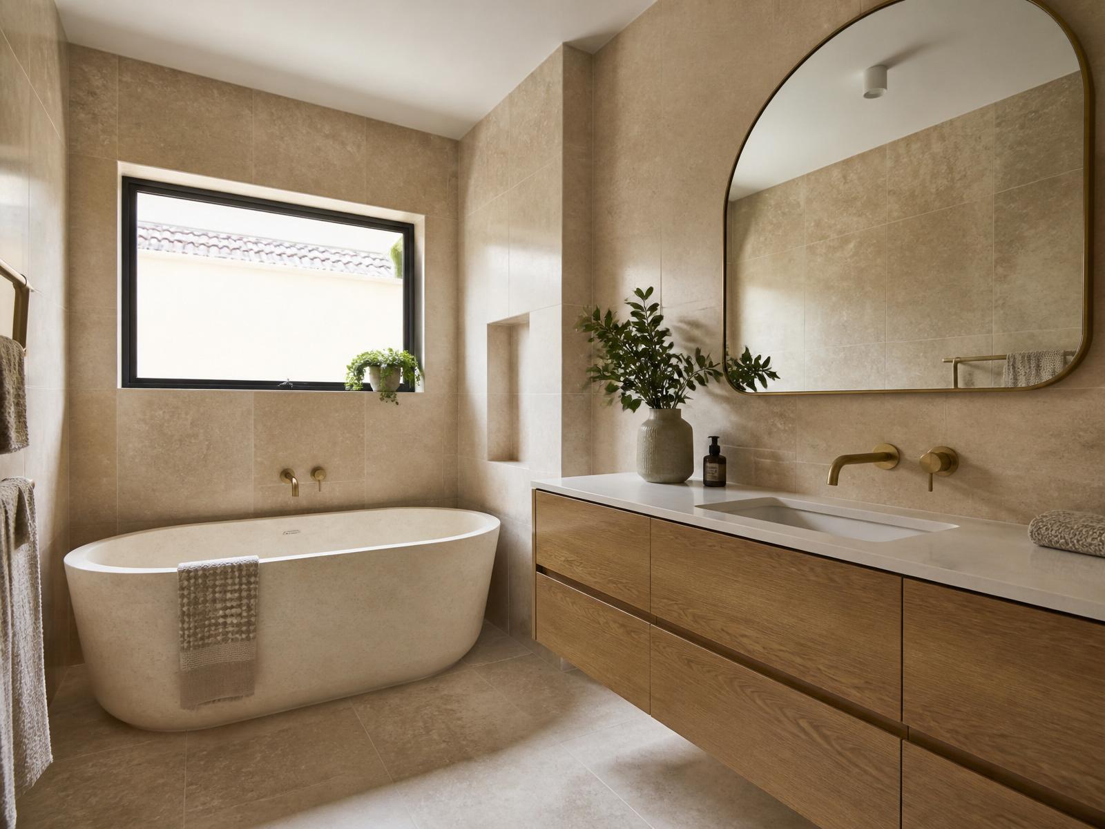 Warm minimal main bathroom